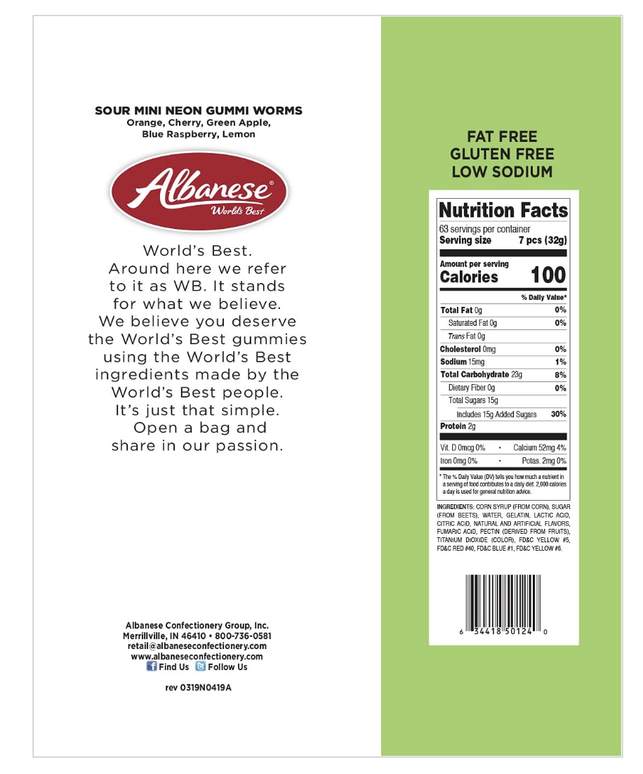 Albanese - Sour Neon Gummy Worm 4inch - 2.04kg / 4.5lbs